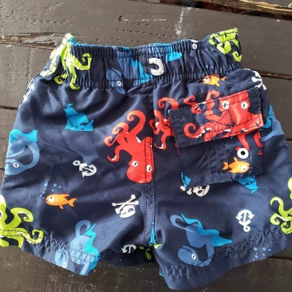 The Children's Place Baby Boy 6-9 Months Swim Trunks Navy Colorful Sea Creatures